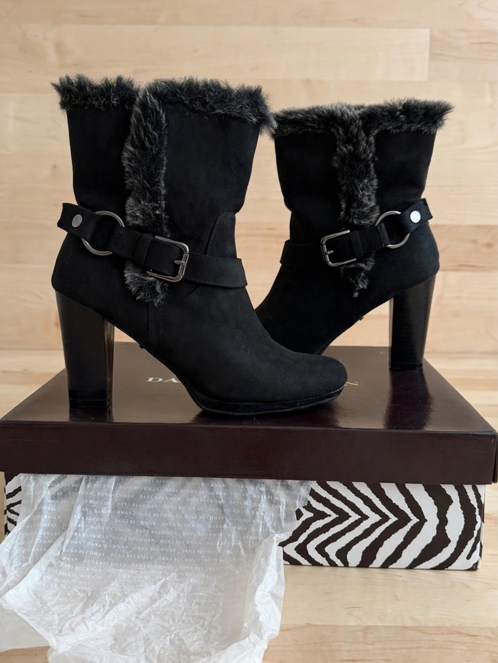 Dana Buchman Black Faux-Fur Trim Buckle High-Heel Ankle Boots